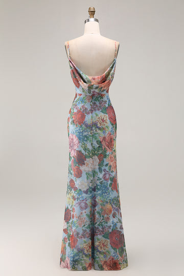Blue Printed Sheath Spaghetti Straps Bridesmaid Dress With Slit